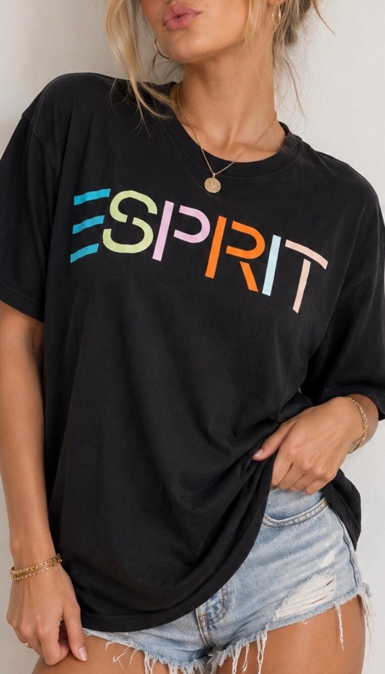 ESPRIT Women S Black Graphic T-Shirt Y2K Multicolor Vintage Logo Viral Tee Shirt